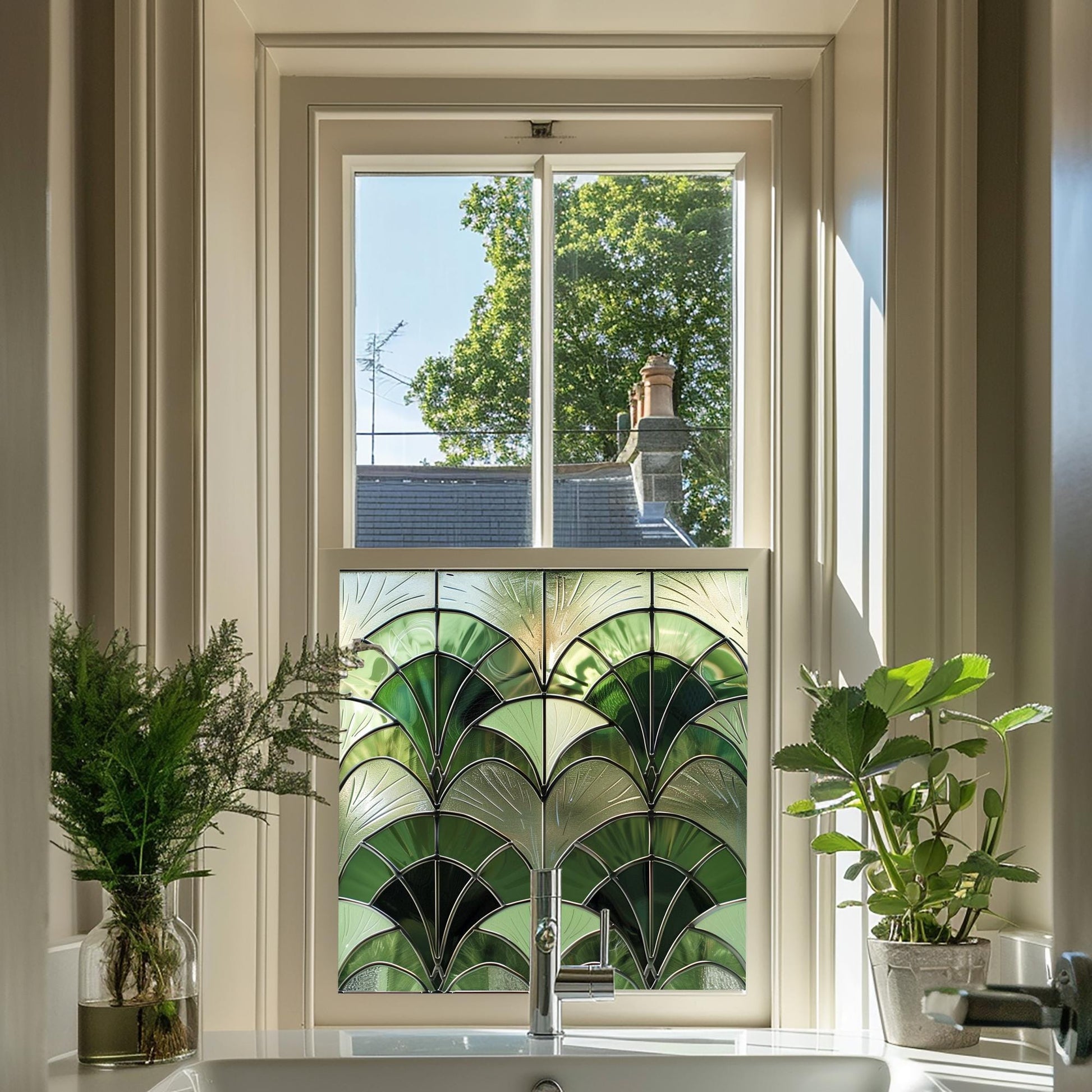 Green Art Deco Window Film, Decorative Window Film, Window, Front Door Window Film, Stained Glass Window Film, Privacy Window Film Creative Windows