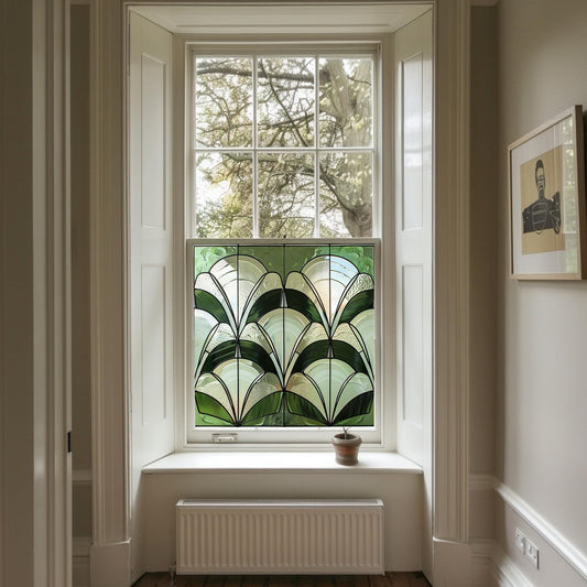 Green Art Deco Window Film, Privacy Window Film, Decorative Window Film, Patterned Window Film, Coloured Window Film, Stained Glass Creative Windows
