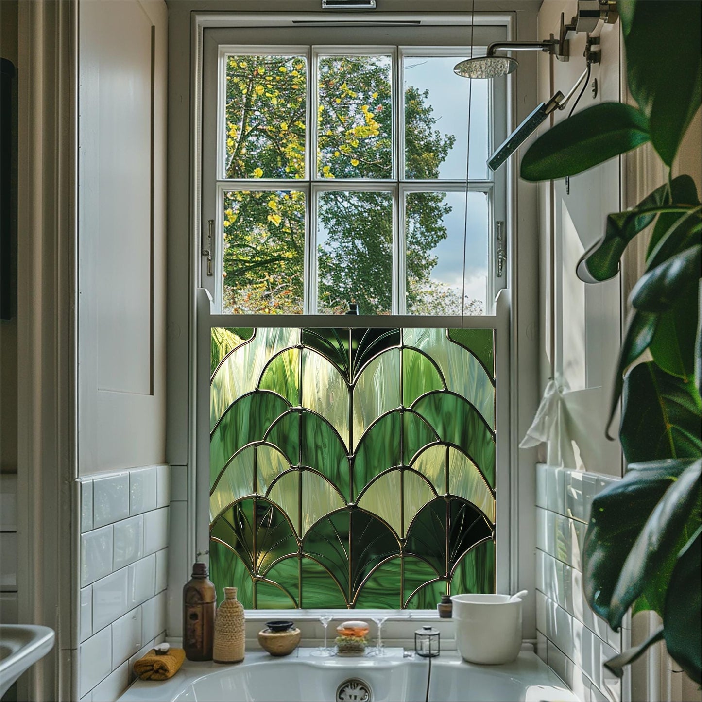 Green Window Film, Privacy Window Film, Art Deco Window Film, Decorative Window Film, Window, Window Film, Stained Glass Window Film Creative Windows