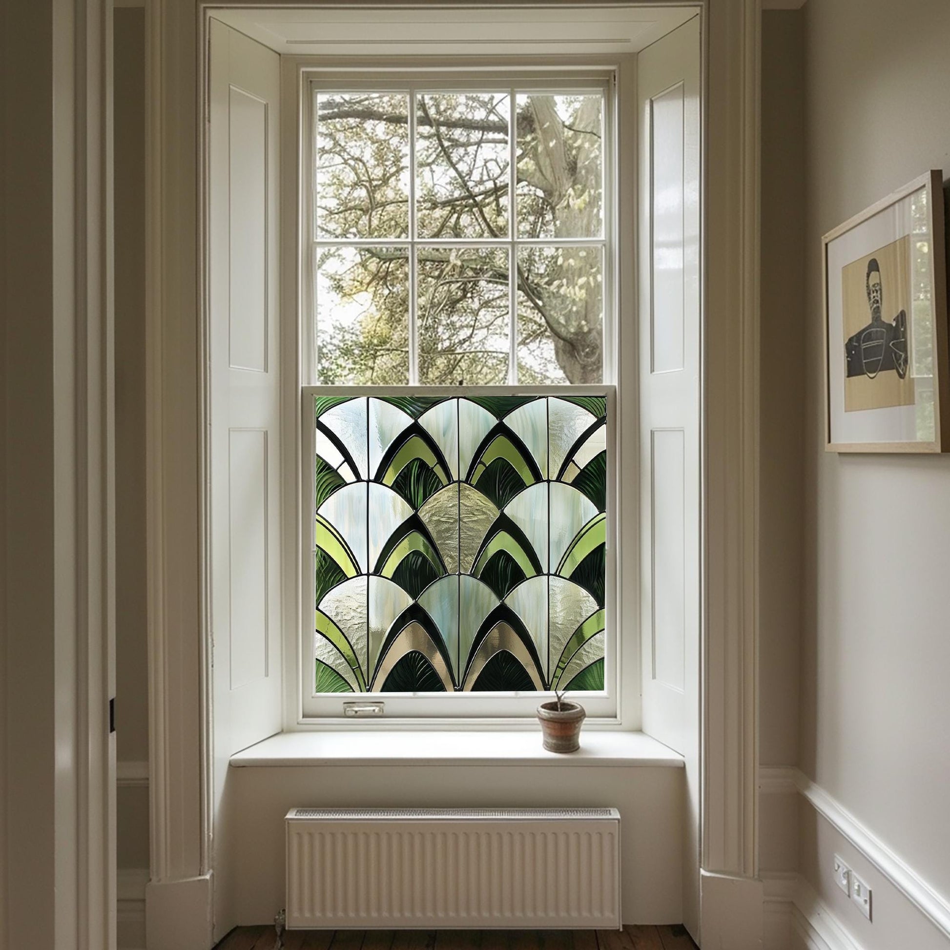 Green Art Deco Window Film, Privacy Window Film, Decorative Window Film, Patterned Window Film, Coloured Window Film, Stained Glass Creative Windows