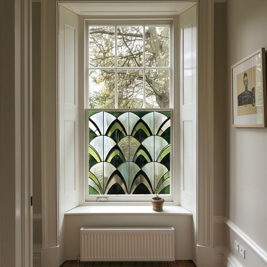 Green Art Deco Window Film, Privacy Window Film, Decorative Window Film, Patterned Window Film, Coloured Window Film, Stained Glass Creative Windows