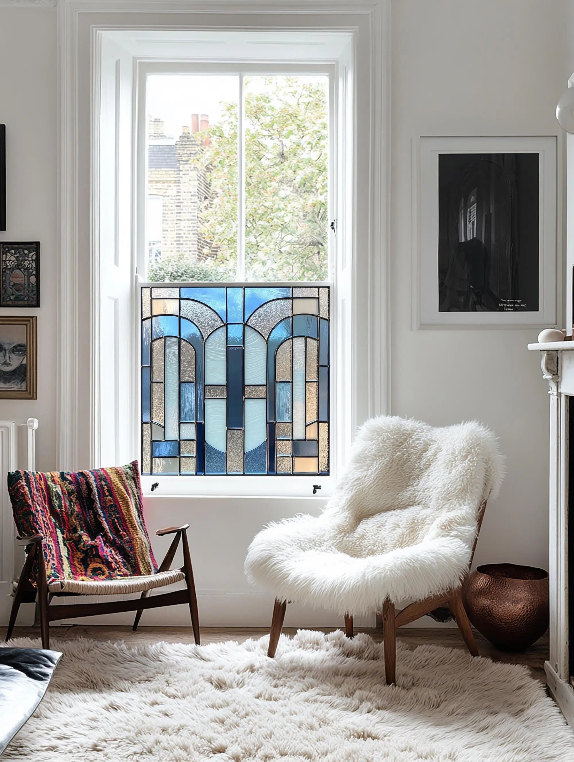 Blue Art Deco Window Film,  Window Film, Privacy Window Film, Decorative Window Film, Front Door Window Film, Stained Glass Window Film Creative Windows