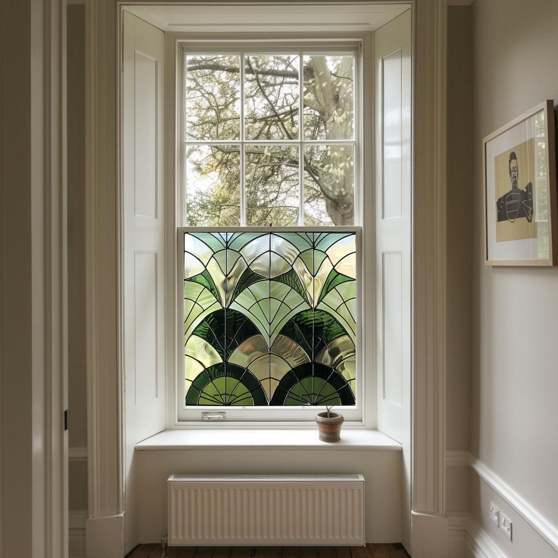 Green Art Deco Window Film, Privacy Window Film,  Decorative Stained Glass Window Film, Window Film, Stained Glass Window Film Creative Windows