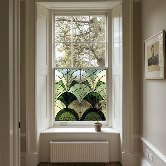 Green Art Deco Window Film, Privacy Window Film,  Decorative Stained Glass Window Film, Window Film, Stained Glass Window Film Creative Windows