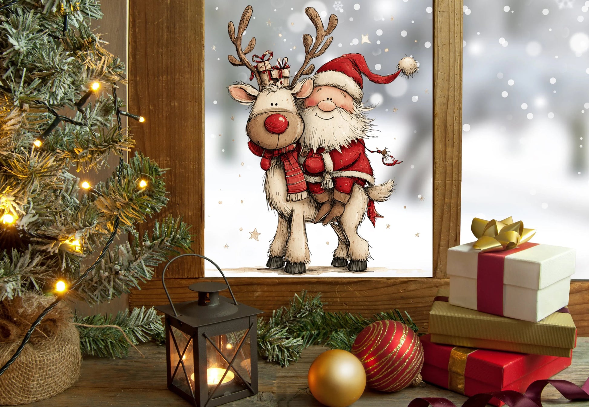 Santa Clause and Cute Reindeer Christmas Window Sticker
