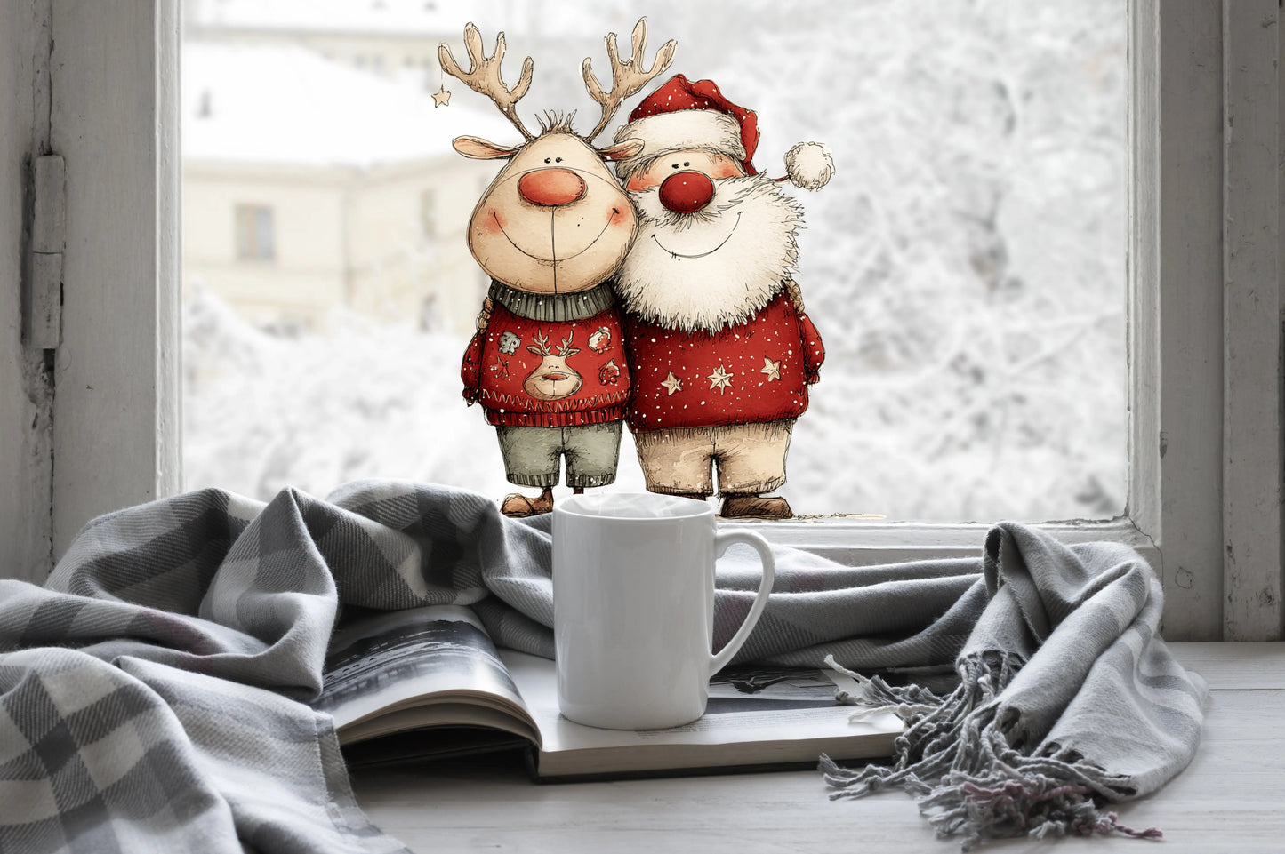 Santa and Reindeer Christmas Window Cling – Cute Festive Design with Snowy Background, Cosy Jumpers & Holiday Cheer
