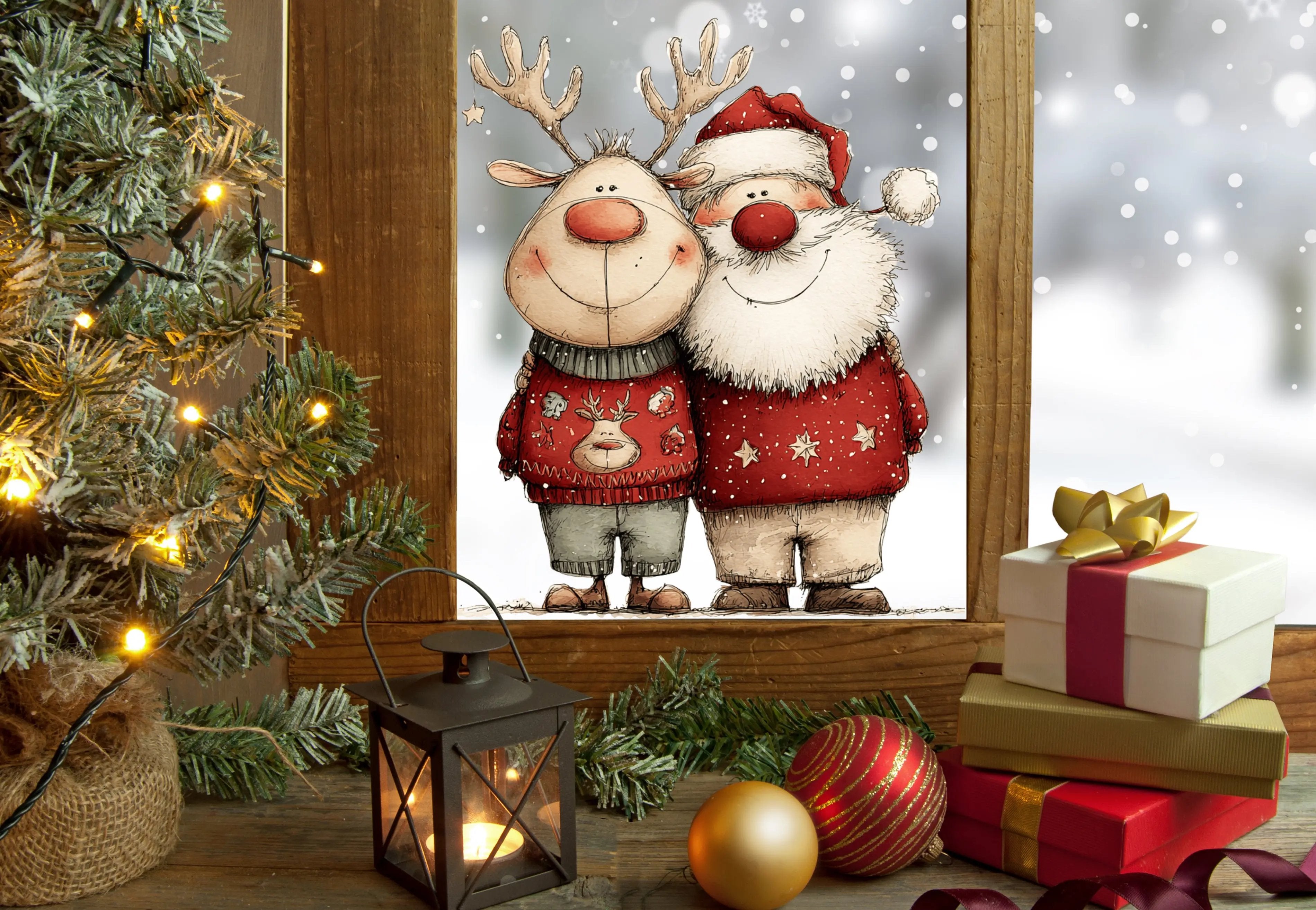 Santa and Reindeer Christmas Window Cling – Cute Festive Design with Snowy Background, Cosy Jumpers & Holiday Cheer
