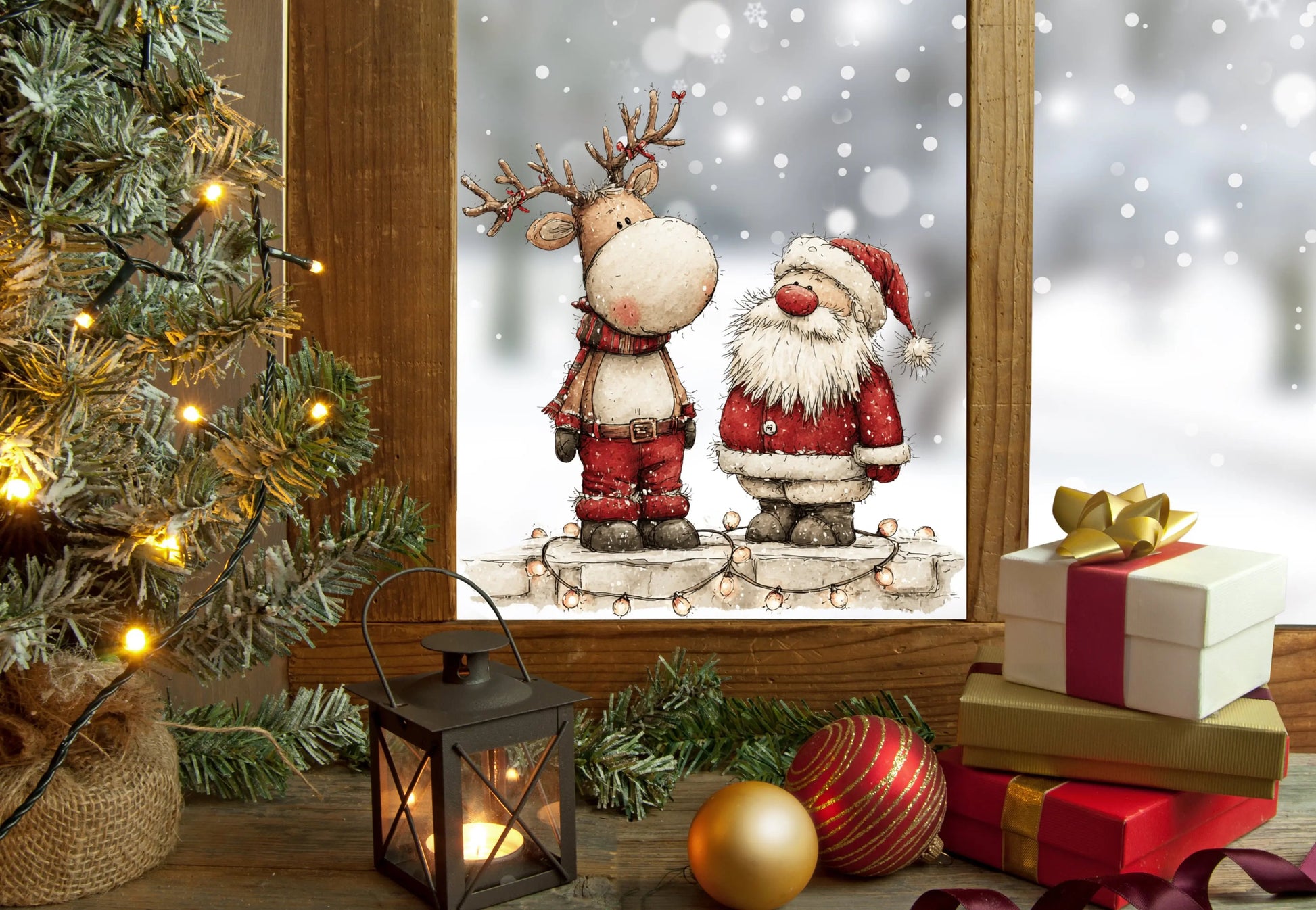 Santa and Reindeer Christmas Window Cling – Festive Christmas Decoration with Fairy Lights