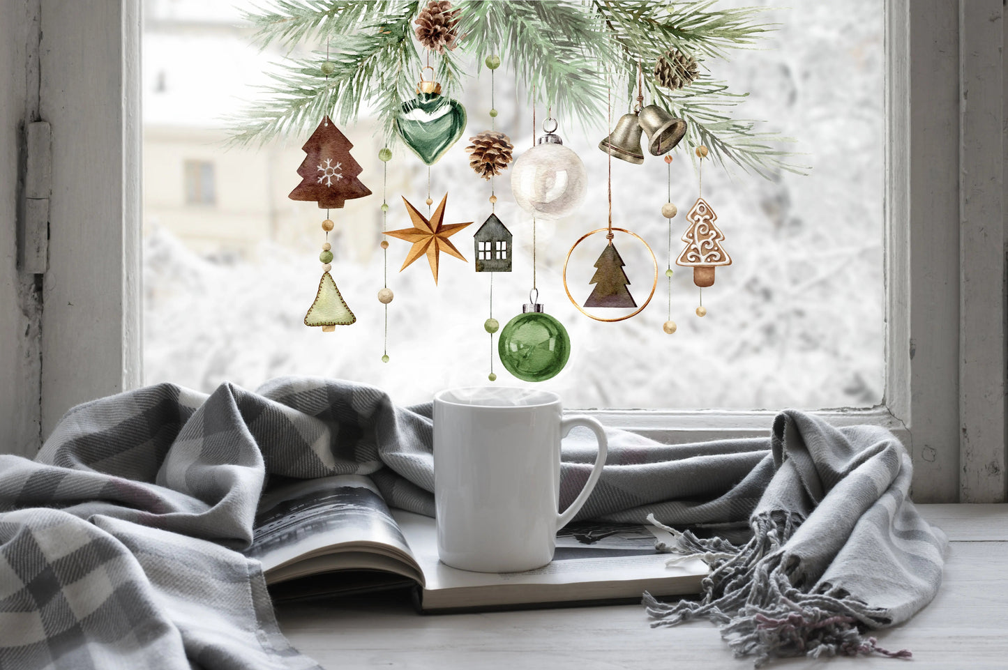 Rustic Christmas Window Sticker – Hanging Ornaments & Pine Garland Design Creative Windows