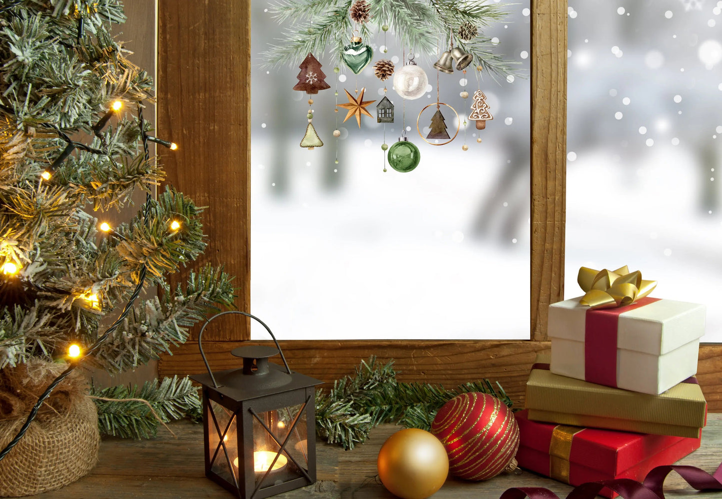 Rustic Christmas Window Sticker – Hanging Ornaments & Pine Garland Design Creative Windows