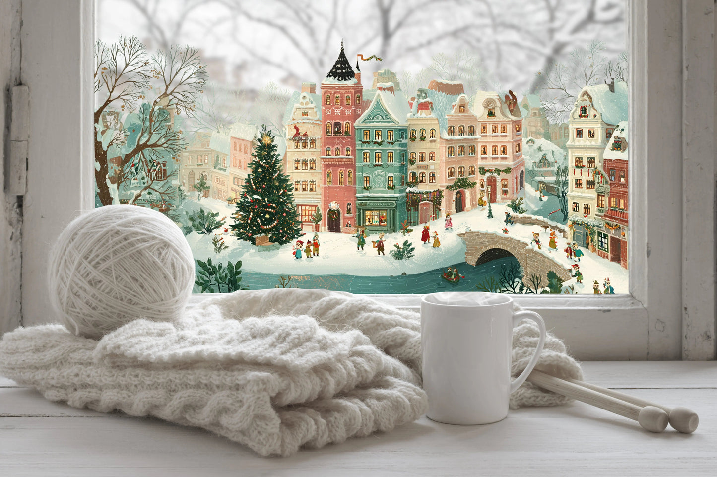 Christmas Winter Scene Window Sticker, Double-Sided Reusable Decal Creative Windows