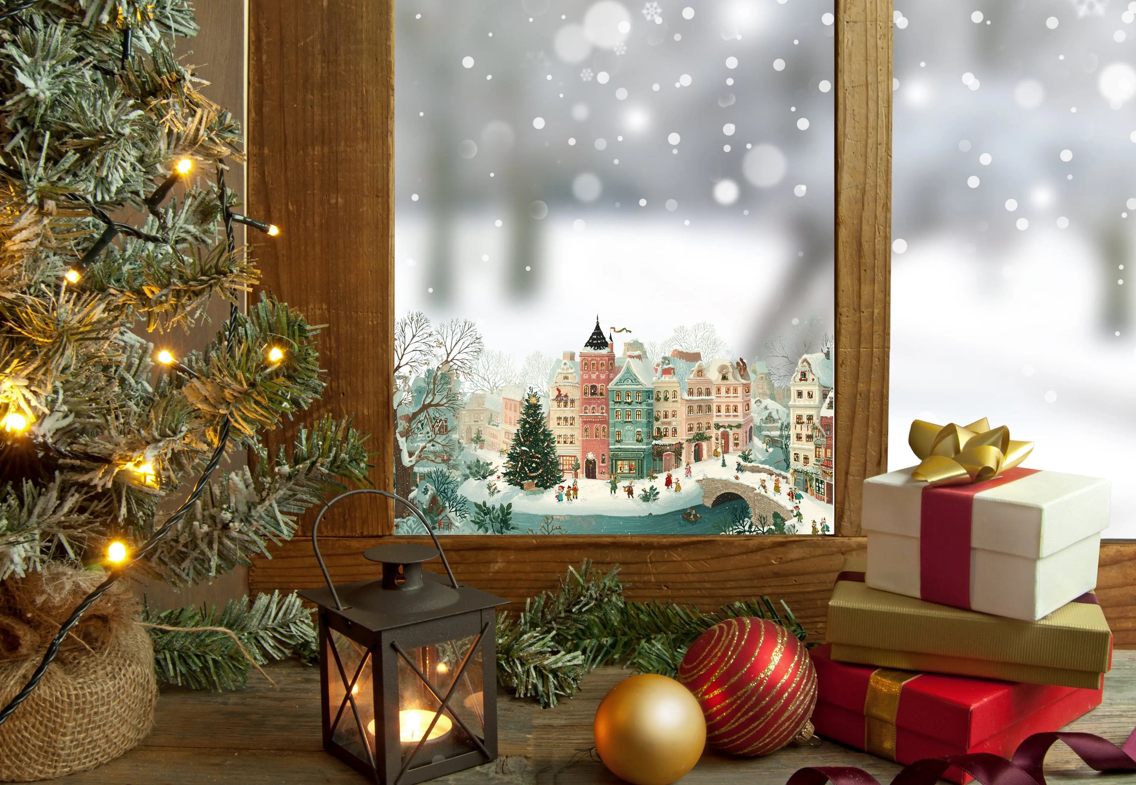 Christmas Winter Scene Window Sticker, Double-Sided Reusable Decal Creative Windows