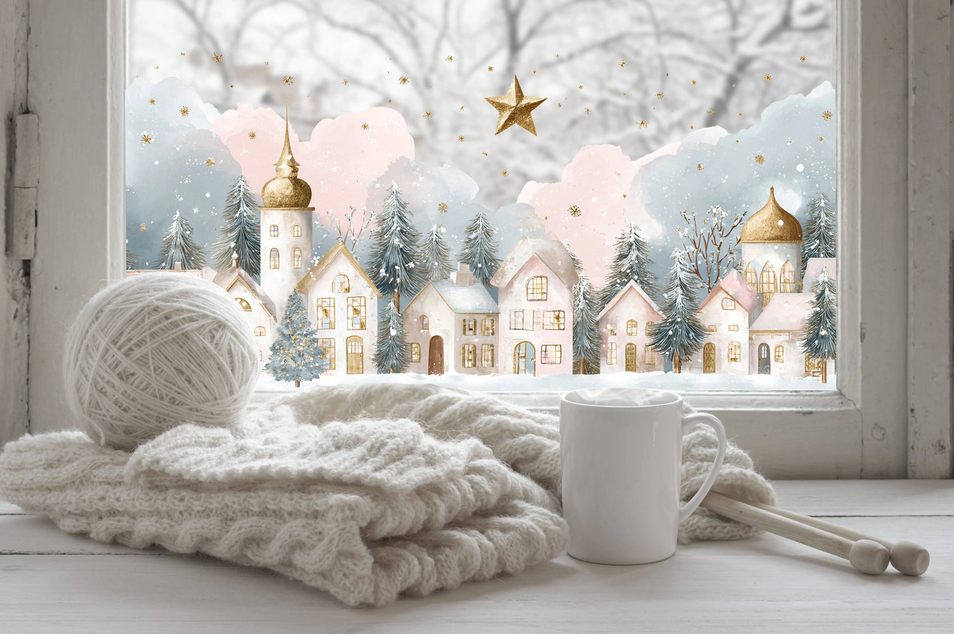 Christmas Window Sticker, Winter Town Scene, Double-Sided Reusable Decal Creative Windows