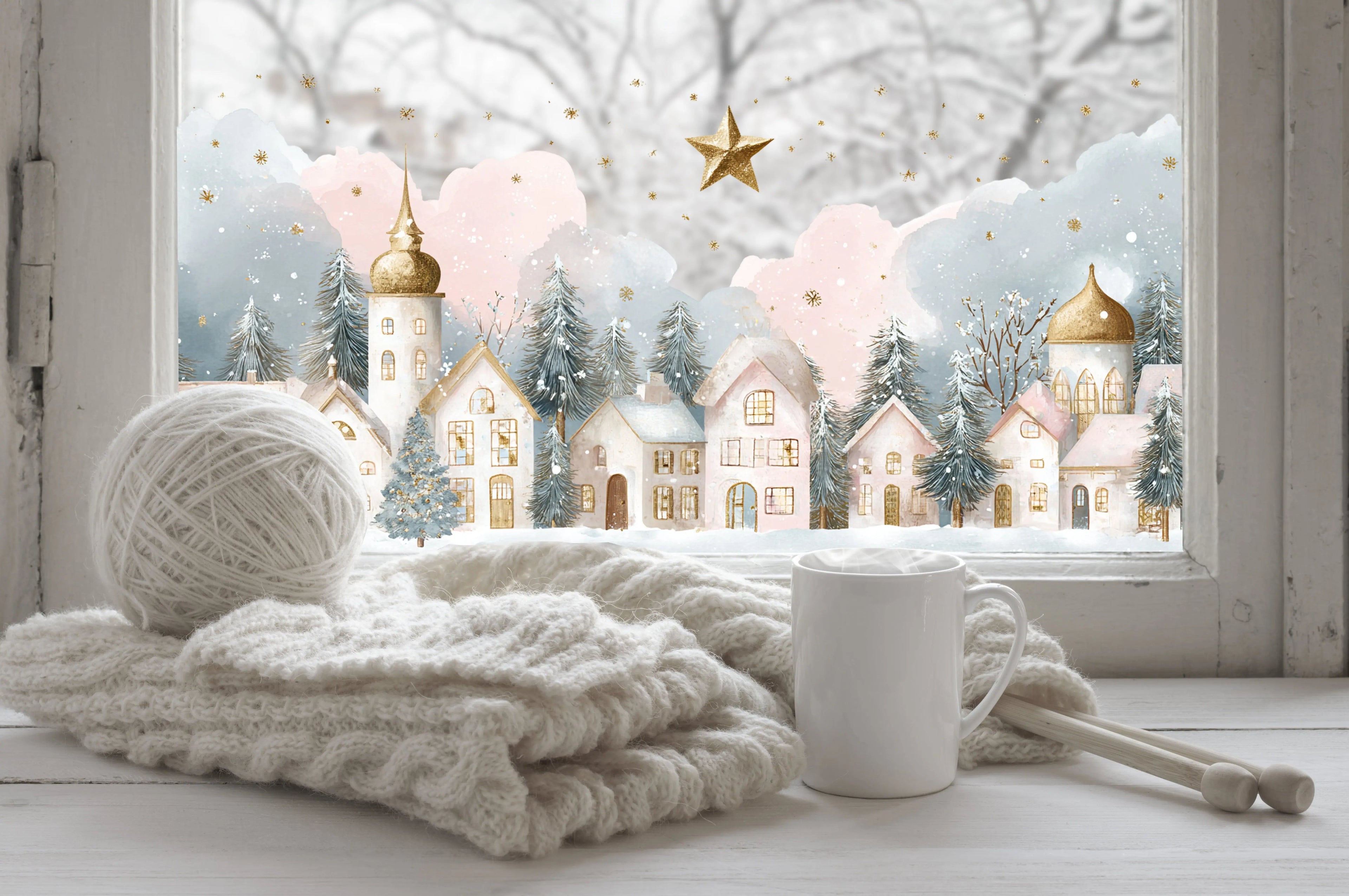 Christmas Window Sticker, Winter Town Scene, Double-Sided Reusable Decal Creative Windows