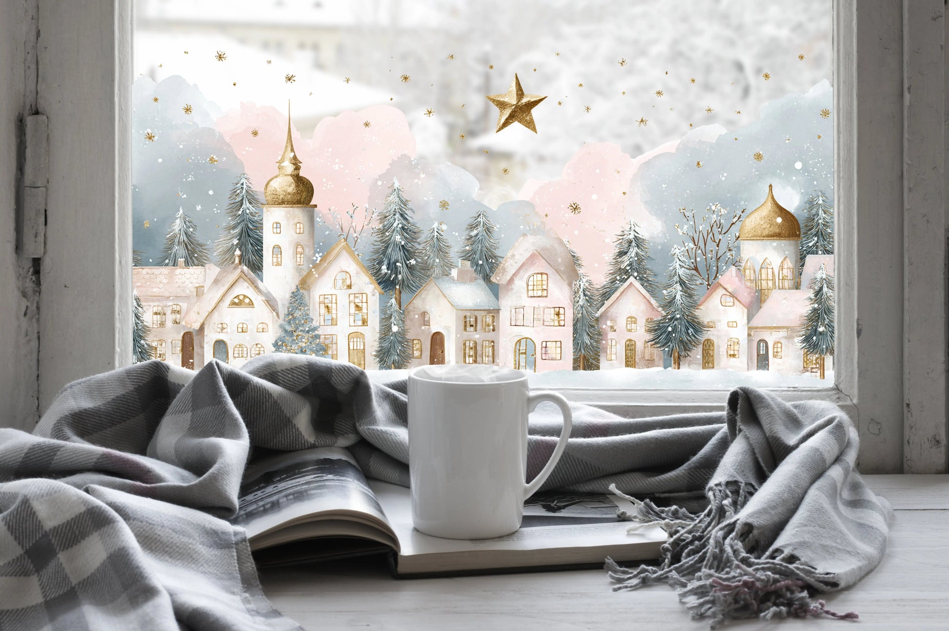 Christmas Window Sticker, Winter Town Scene, Double-Sided Reusable Decal Creative Windows