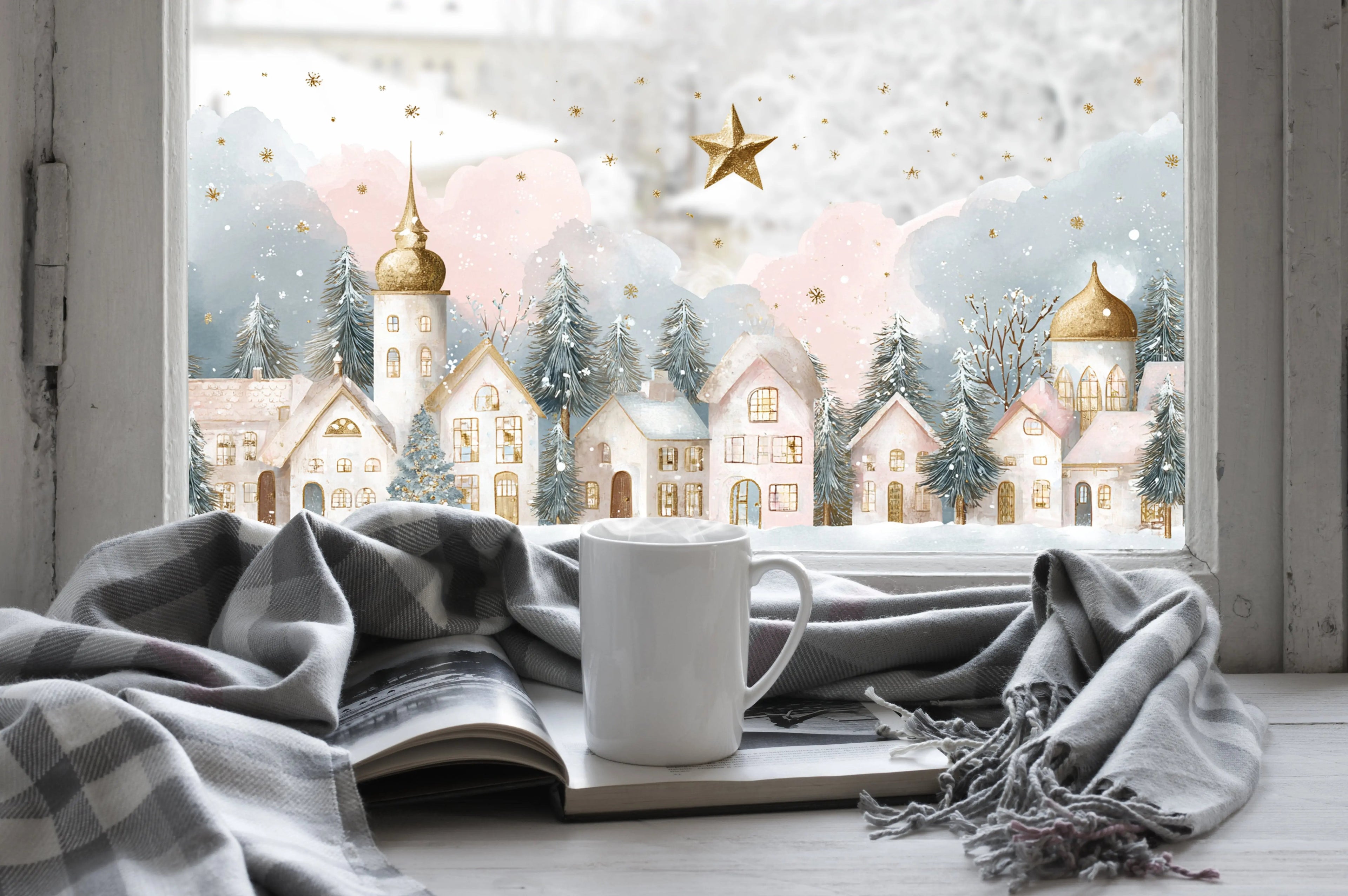 Christmas Window Sticker, Winter Town Scene, Double-Sided Reusable Decal Creative Windows
