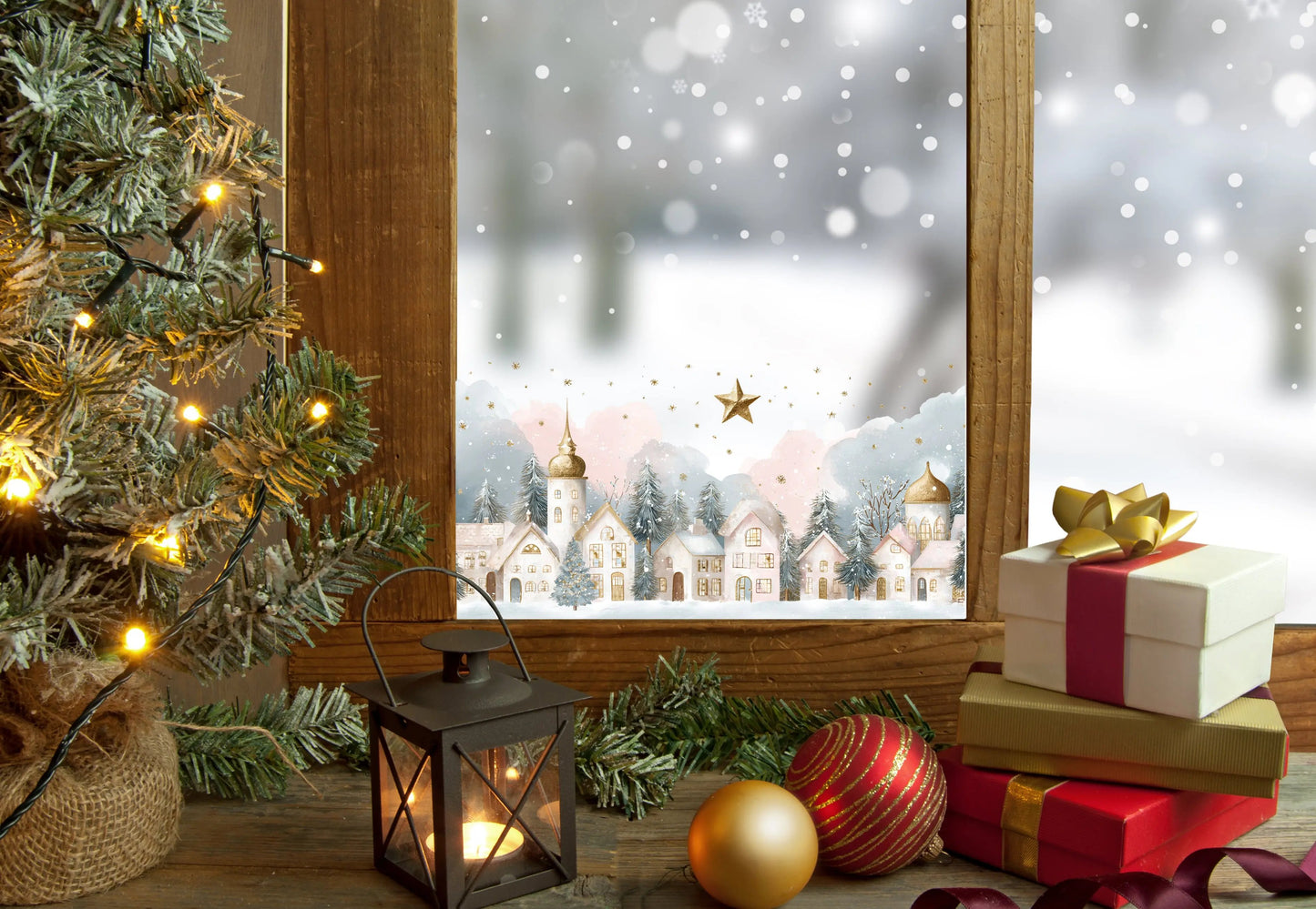 Christmas Window Sticker, Winter Town Scene, Double-Sided Reusable Decal Creative Windows