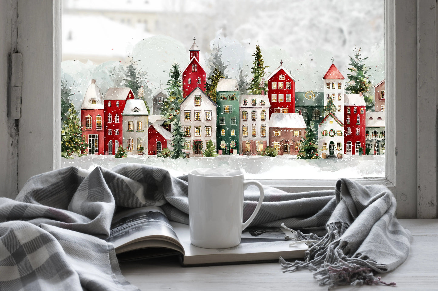 Christmas Winter Village Window Sticker, Double Sided Reusable Decal Creative Windows