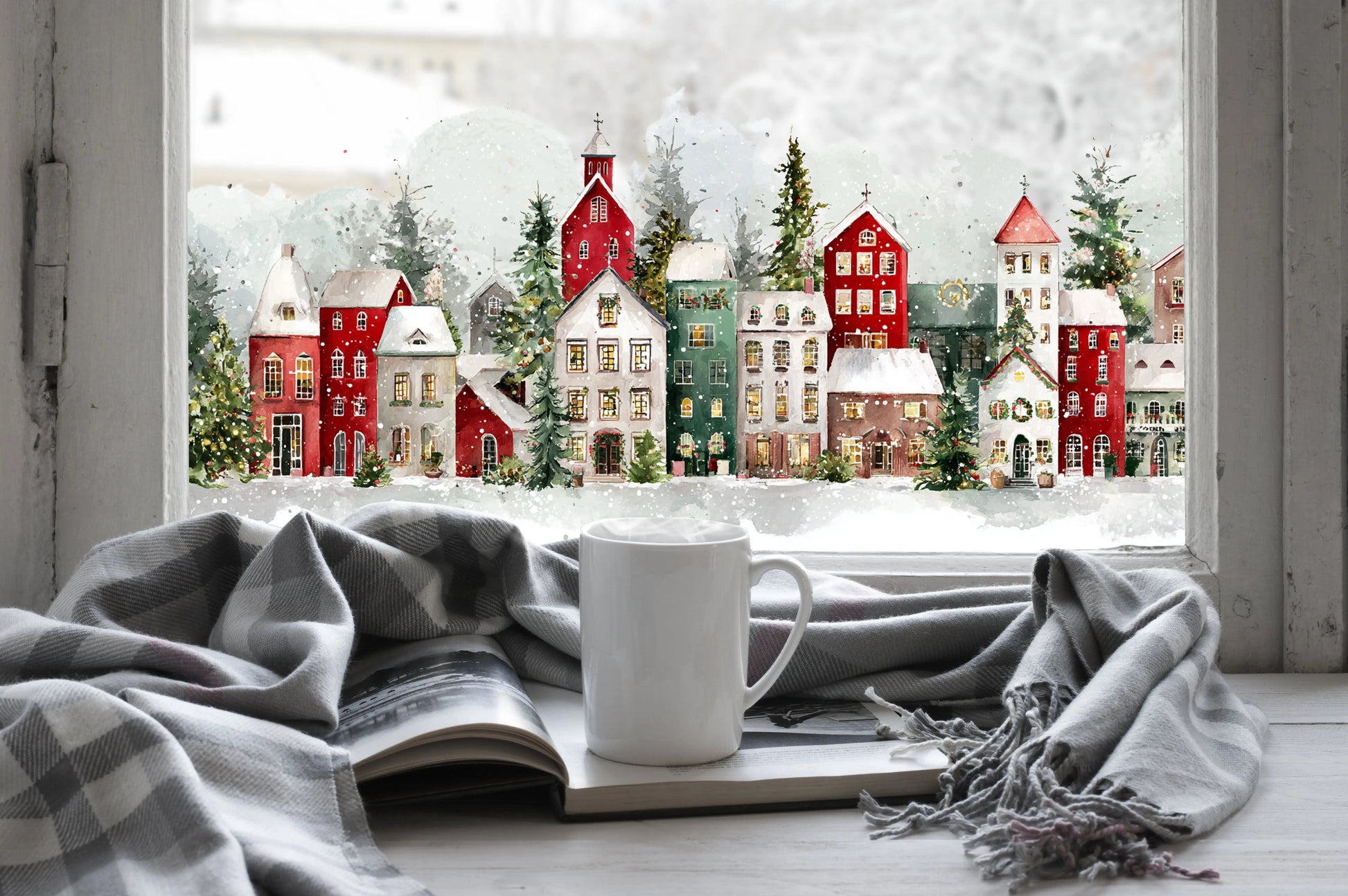Christmas Winter Village Window Sticker, Double Sided Reusable Decal Creative Windows