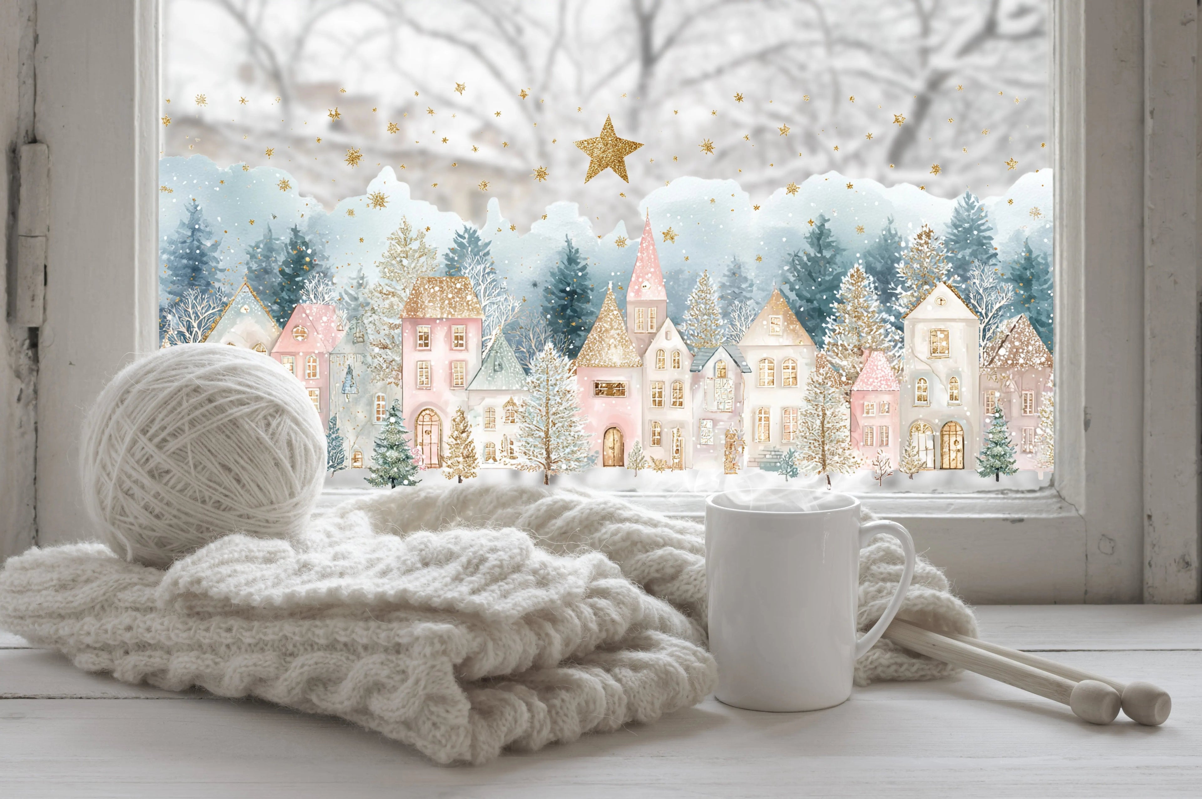 Double Sided Christmas Window Sticker, Winter Village Scene Creative Windows