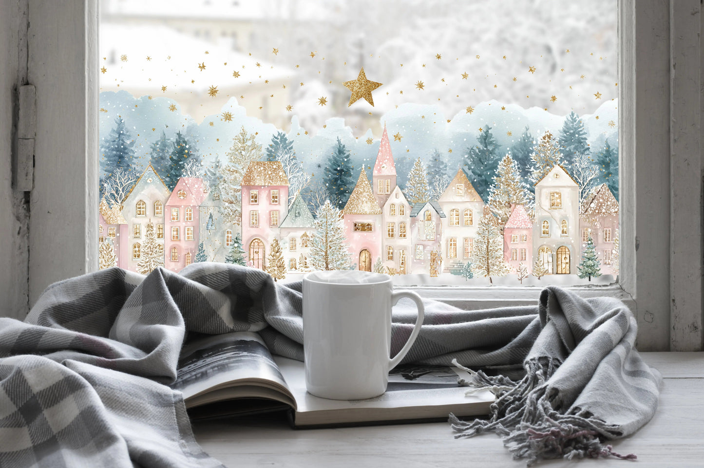 Double Sided Christmas Window Sticker, Winter Village Scene Creative Windows