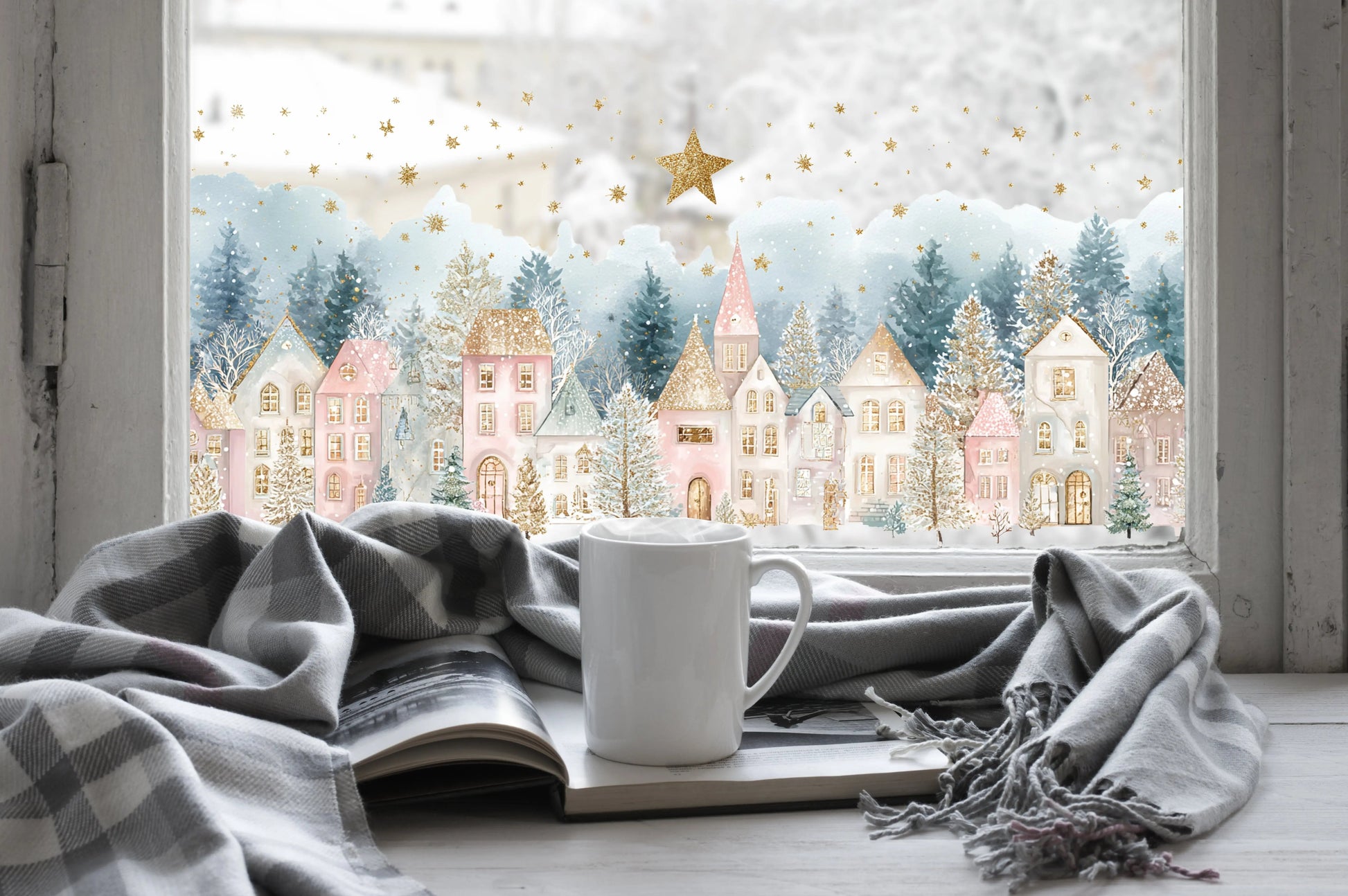 Double Sided Christmas Window Sticker, Winter Village Scene Creative Windows