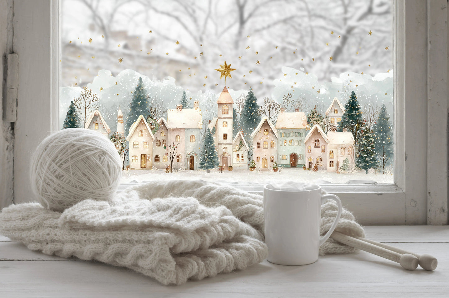 Christmas Window Sticker, Winter Town Scene, Double-Sided Reusable Decal Creative Windows