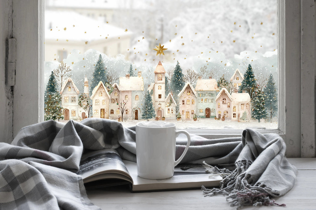 Christmas Window Sticker, Winter Town Scene, Double-Sided Reusable Decal Creative Windows