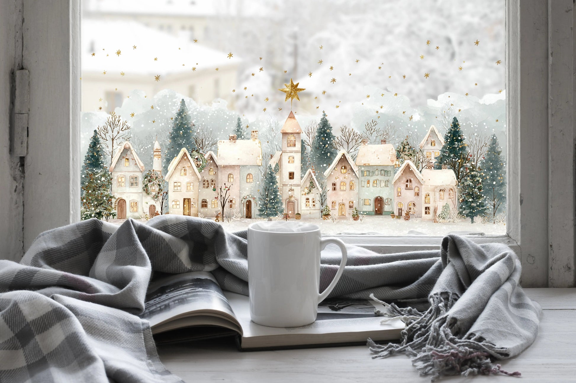 Christmas Window Sticker, Winter Town Scene, Double-Sided Reusable Decal Creative Windows