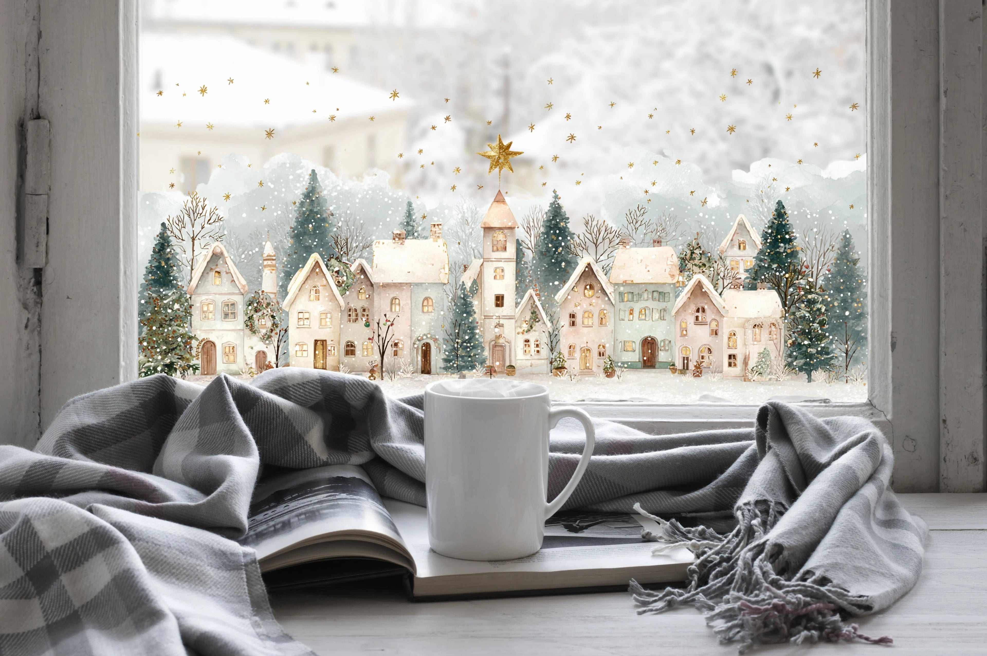 Christmas Window Sticker, Winter Town Scene, Double-Sided Reusable Decal Creative Windows