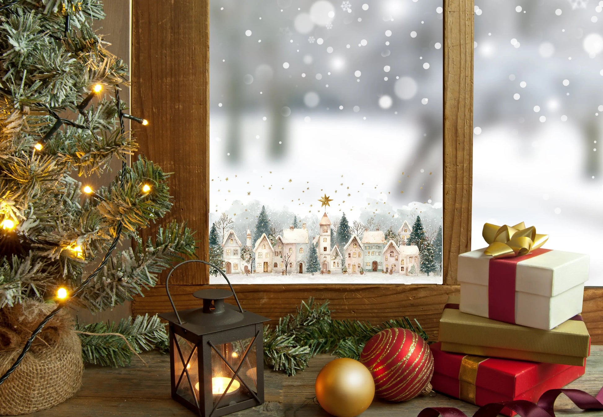Christmas Window Sticker, Winter Town Scene, Double-Sided Reusable Decal Creative Windows