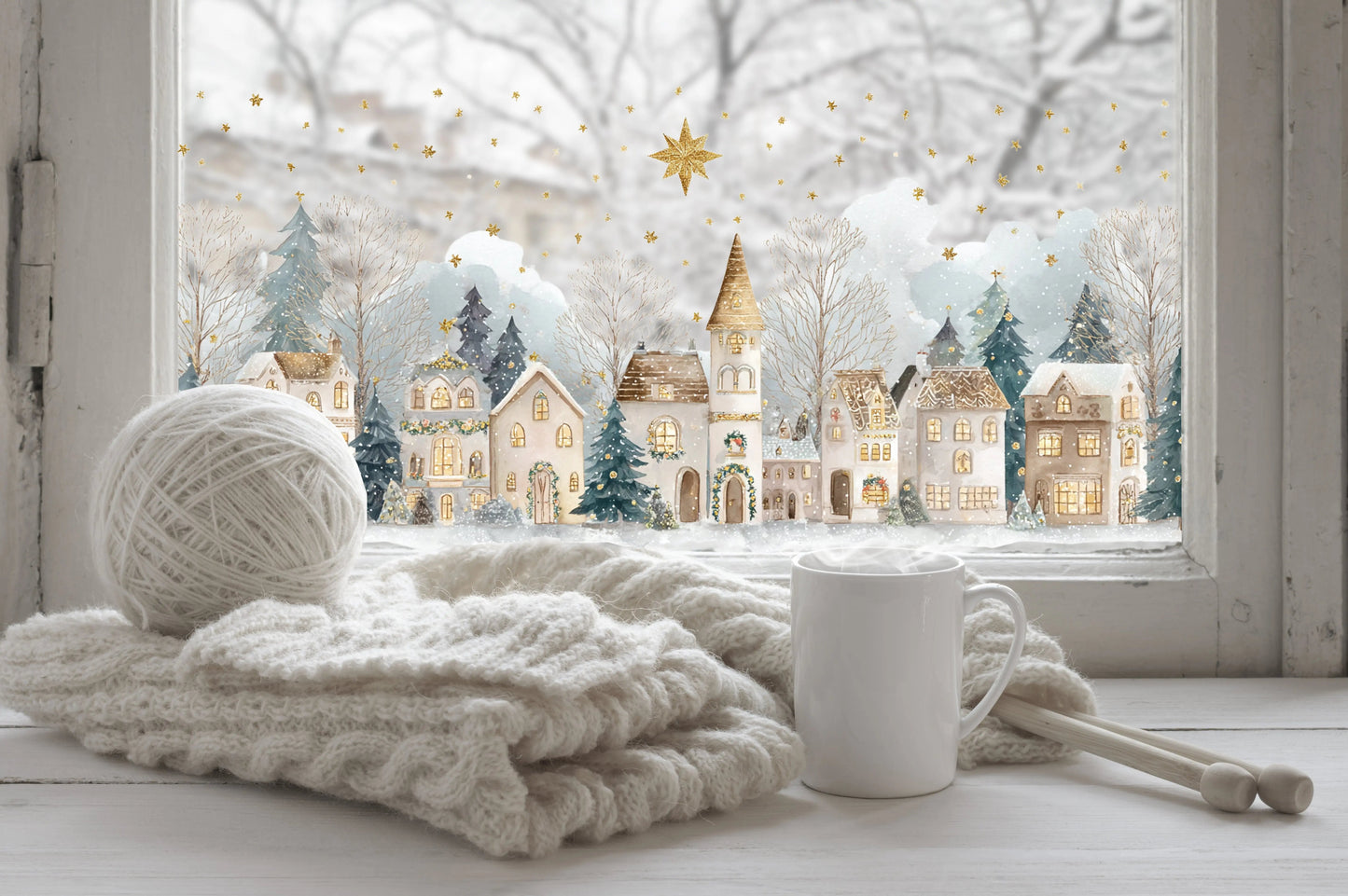 Double-Sided Christmas Window Sticker, Winter Village Reusable Decal Creative Windows