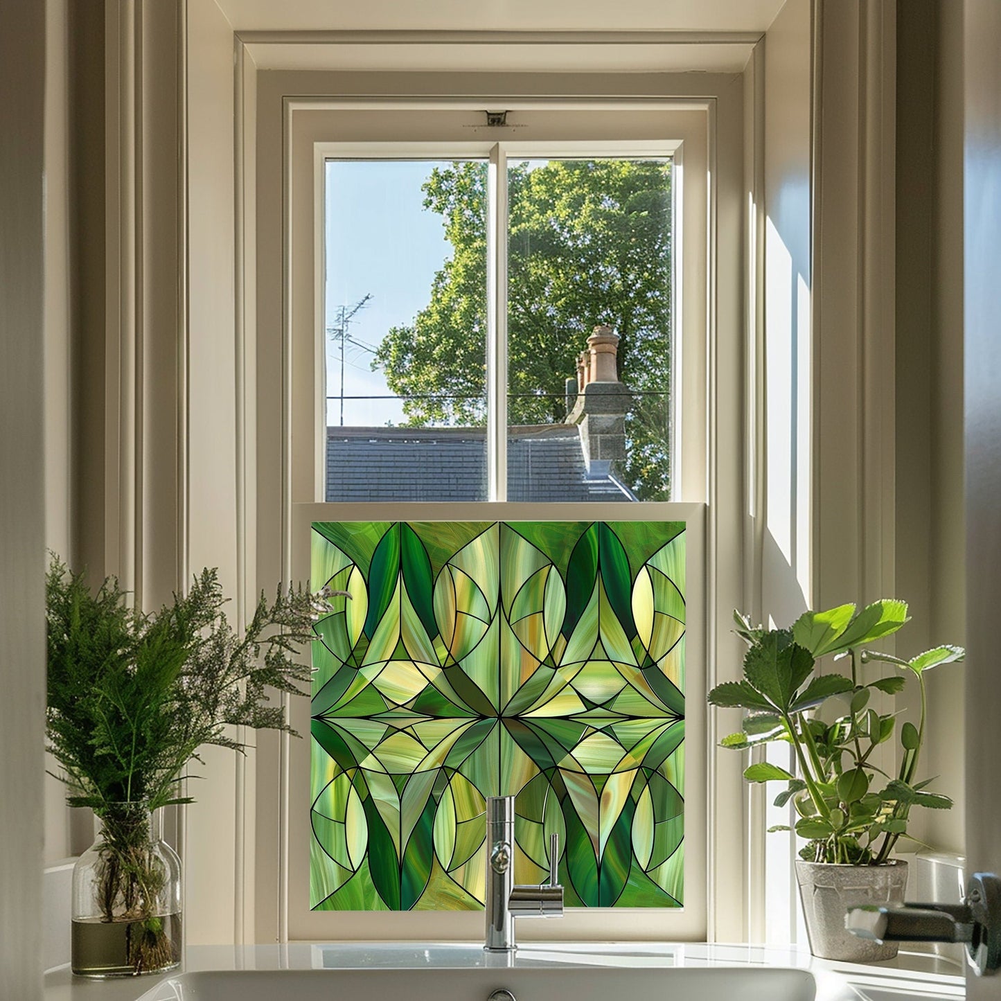 Green Art Deco Window Film, Privacy Window Film, Decorative Window Film, Window Film, Bathroom Window Film, Green Stained Glass Window Film Creative Windows