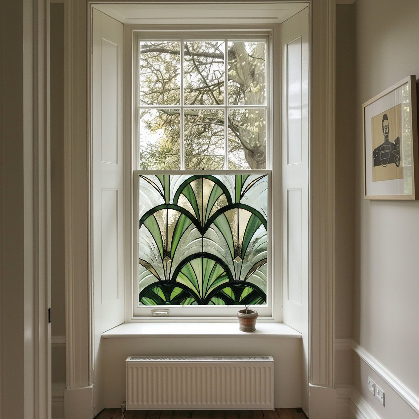 Green Art Deco Window Film, Privacy Window Film, Decorative Window Film, Patterned Window Film, Coloured Window Film, Stained Glass Creative Windows