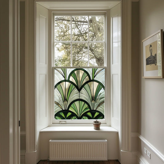 Green Art Deco Window Film, Privacy Window Film, Decorative Window Film, Patterned Window Film, Coloured Window Film, Stained Glass Creative Windows
