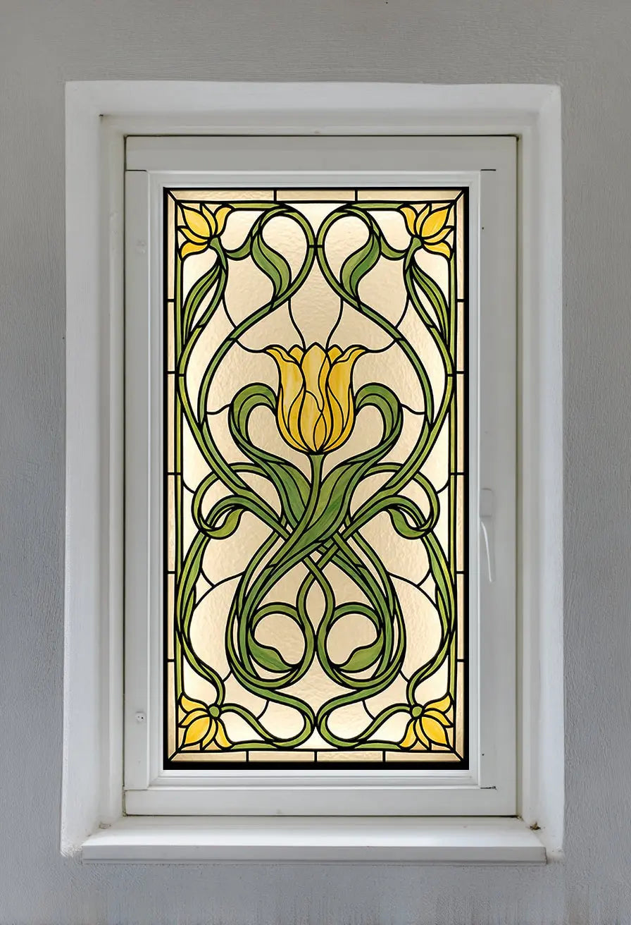 Yellow Tulip Stained Glass Window Film Privacy Decorative Floral Covering