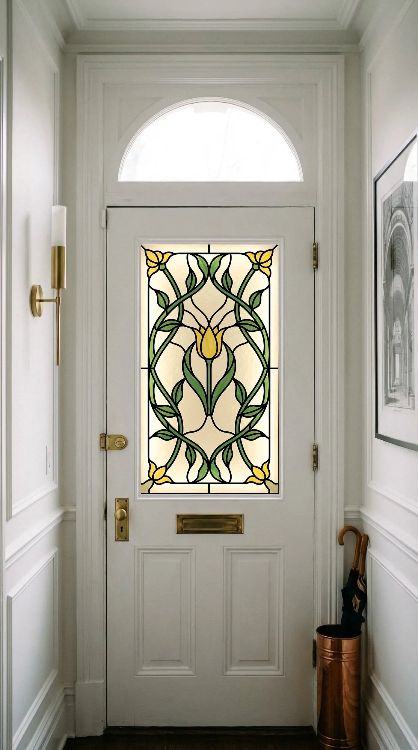 Stained Glass Window Film Privacy – Floral Art Nouveau Front Door Film