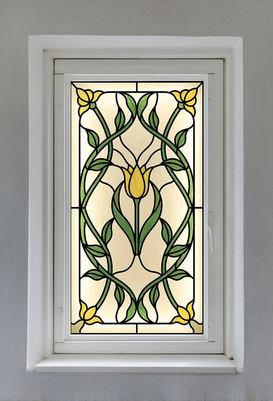 Stained Glass Window Film Privacy – Floral Art Nouveau Front Door Film