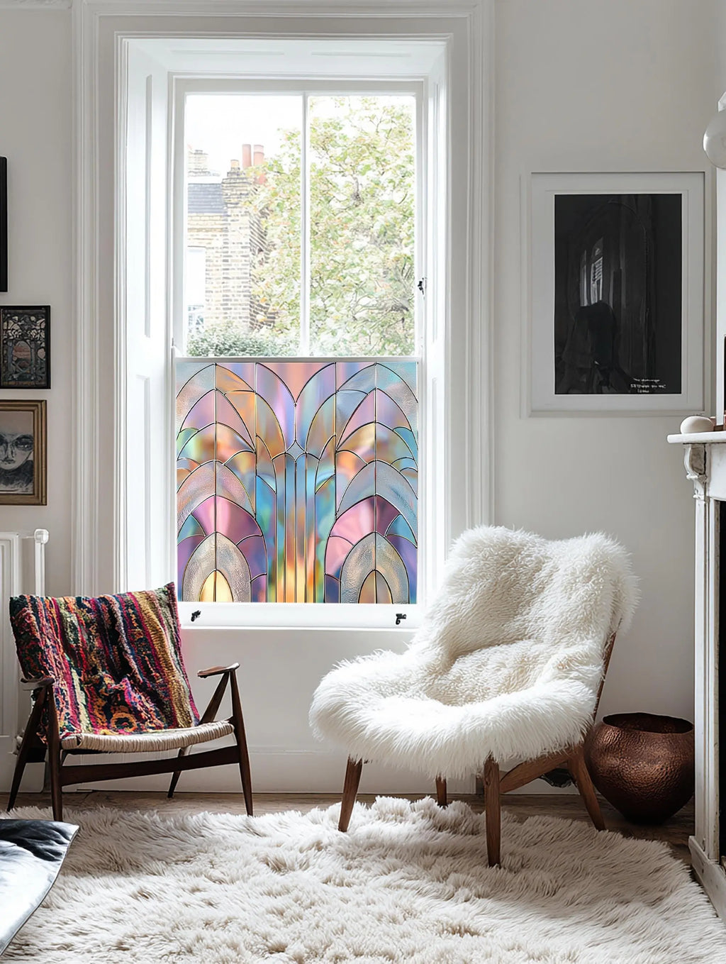 Stained Glass Privacy Window Film, Pastel Fan Design Creative Windows