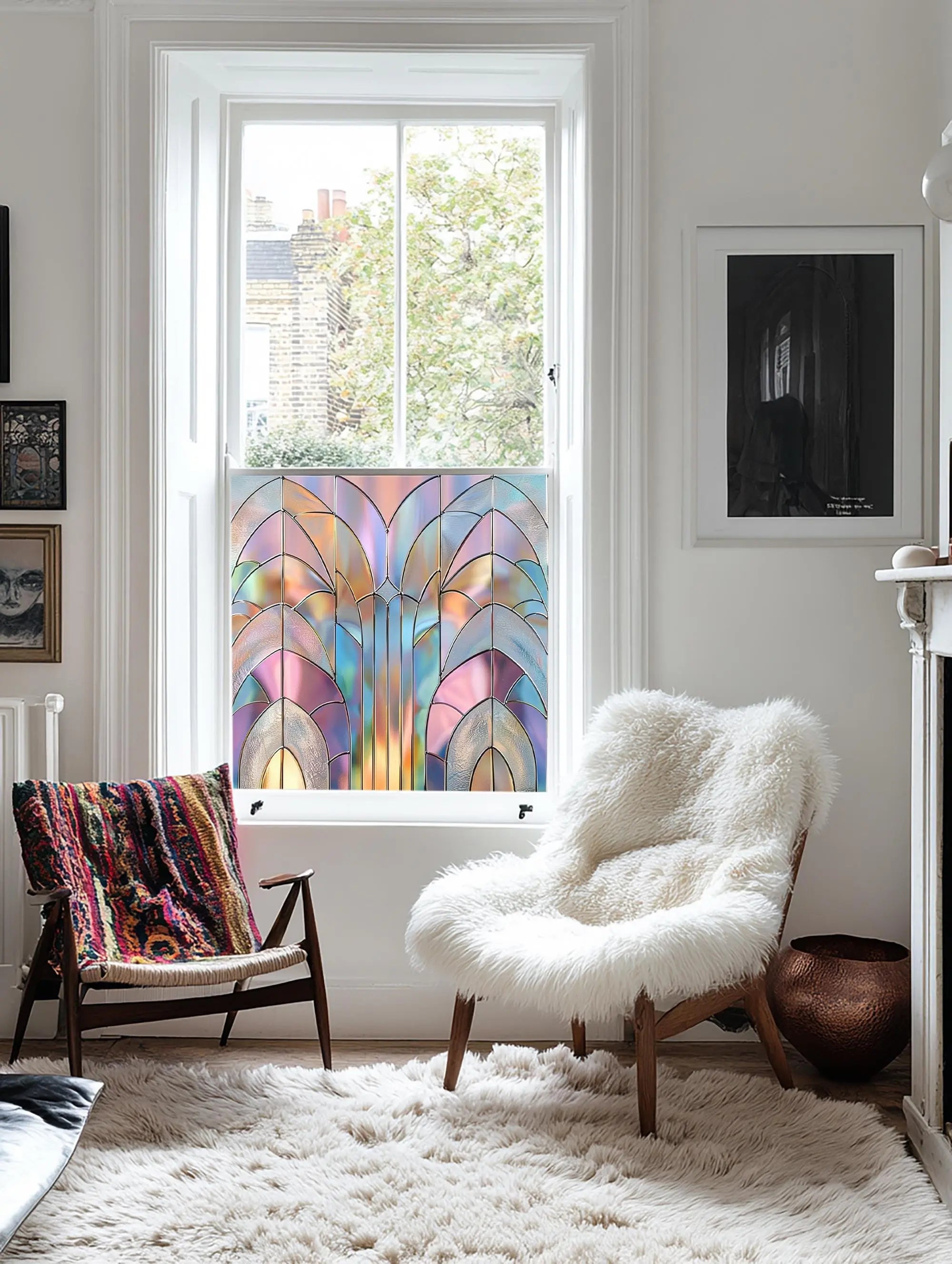 Stained Glass Privacy Window Film, Pastel Fan Design Creative Windows