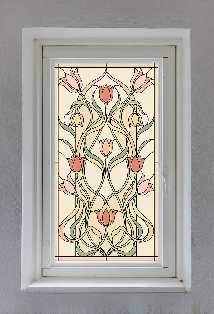 Stained Glass Window Film for Doors – Floral Art Nouveau Privacy Film
