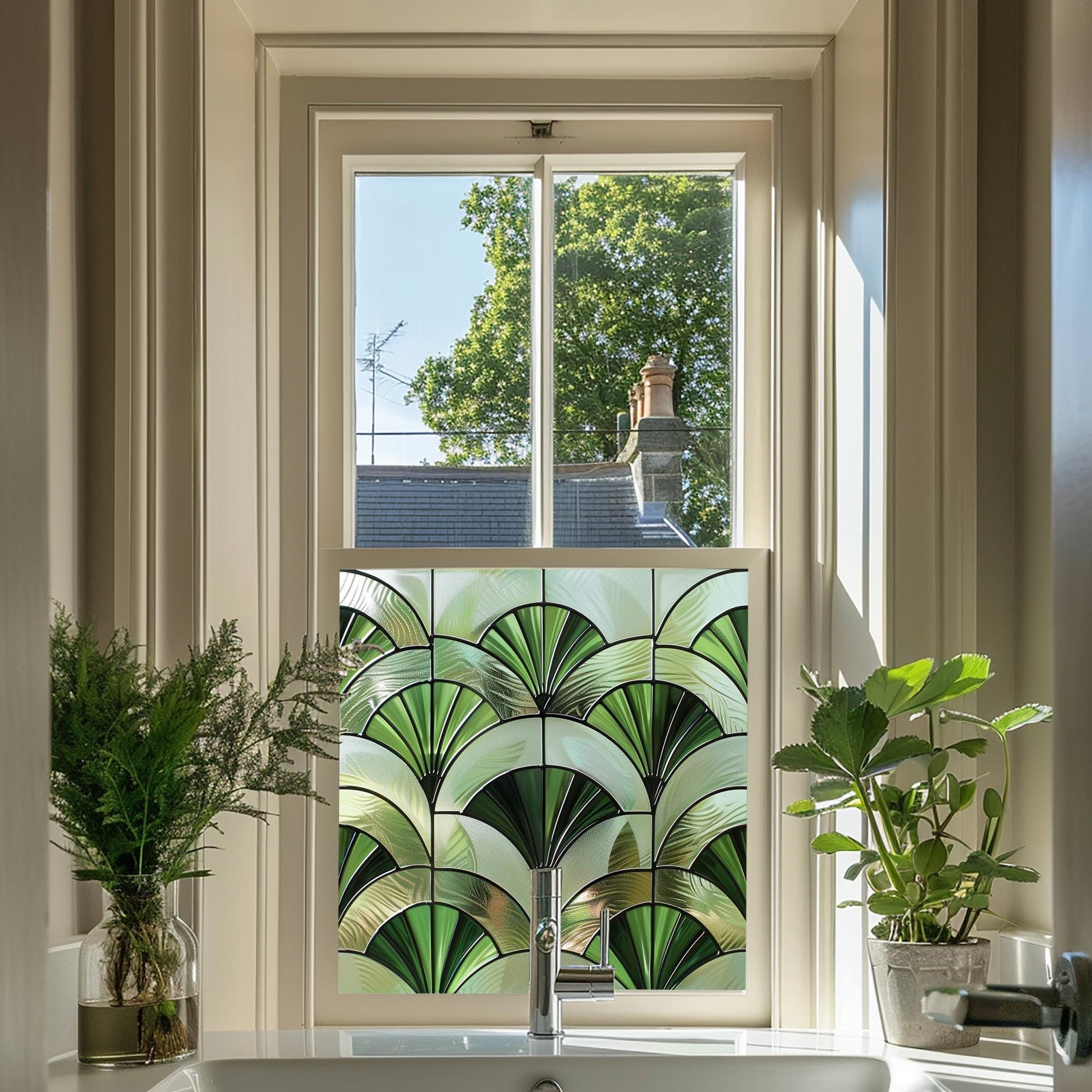 Window Film, Privacy Window Film, Green Art Deco Window Film, Decorative Window Film, Bathroom Window Film, Stained Glass Window Film Creative Windows