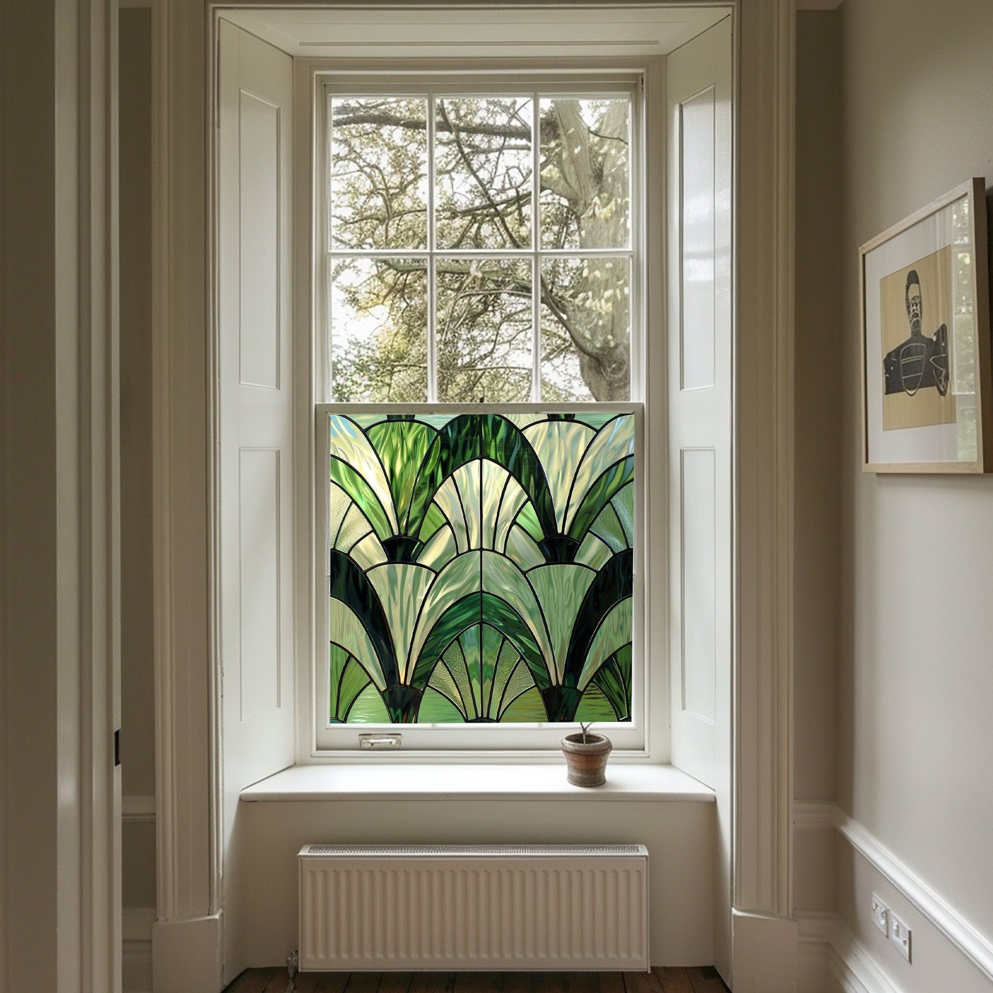 Green Art Deco Window Film, Privacy Window Film, Decorative Window Film, Patterned Window Film, Coloured Window Film, Stained Glass Creative Windows