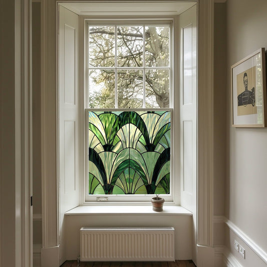 Green Art Deco Window Film, Privacy Window Film, Decorative Window Film, Patterned Window Film, Coloured Window Film, Stained Glass Creative Windows