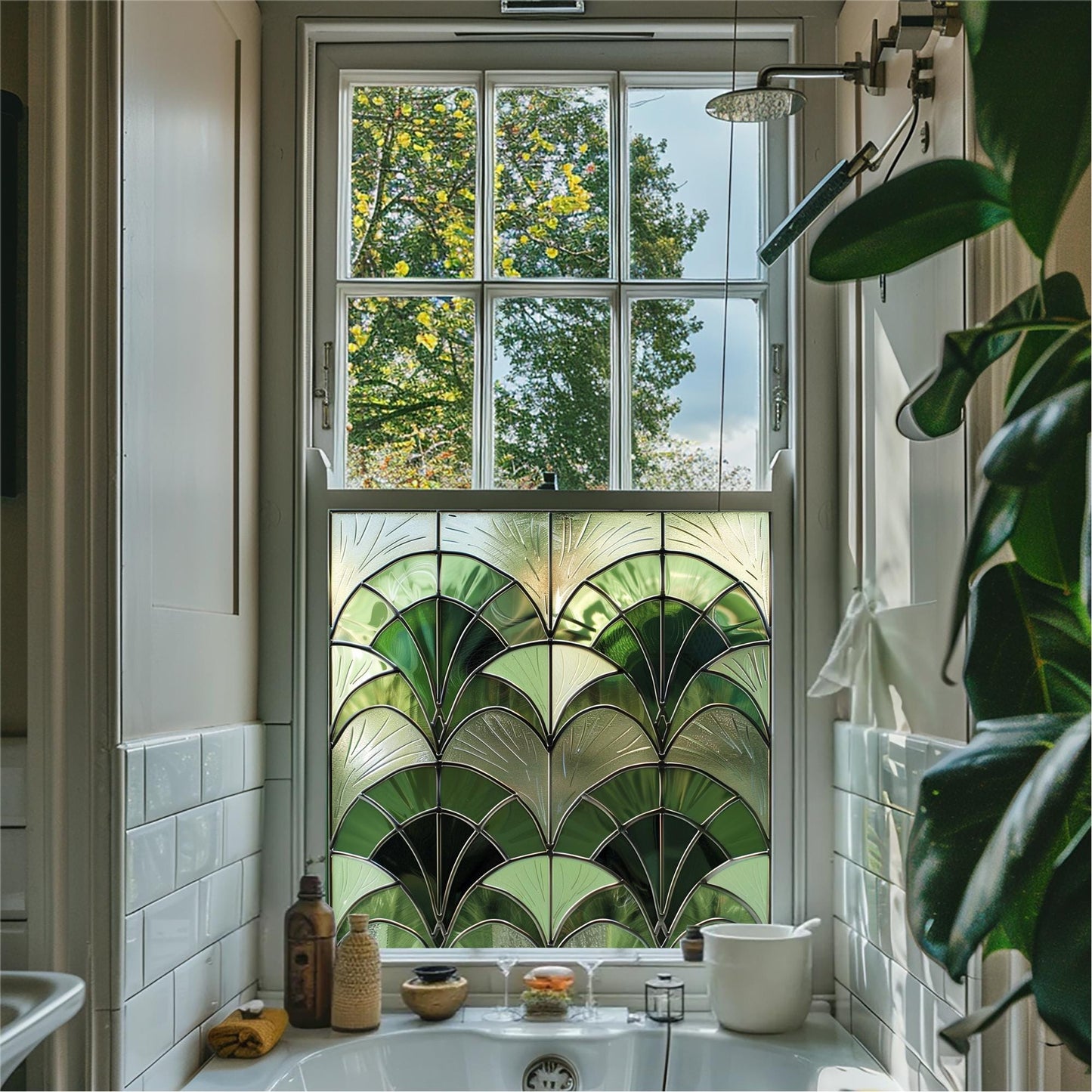 Green Art Deco Window Film, Decorative Window Film, Window, Front Door Window Film, Stained Glass Window Film, Privacy Window Film Creative Windows