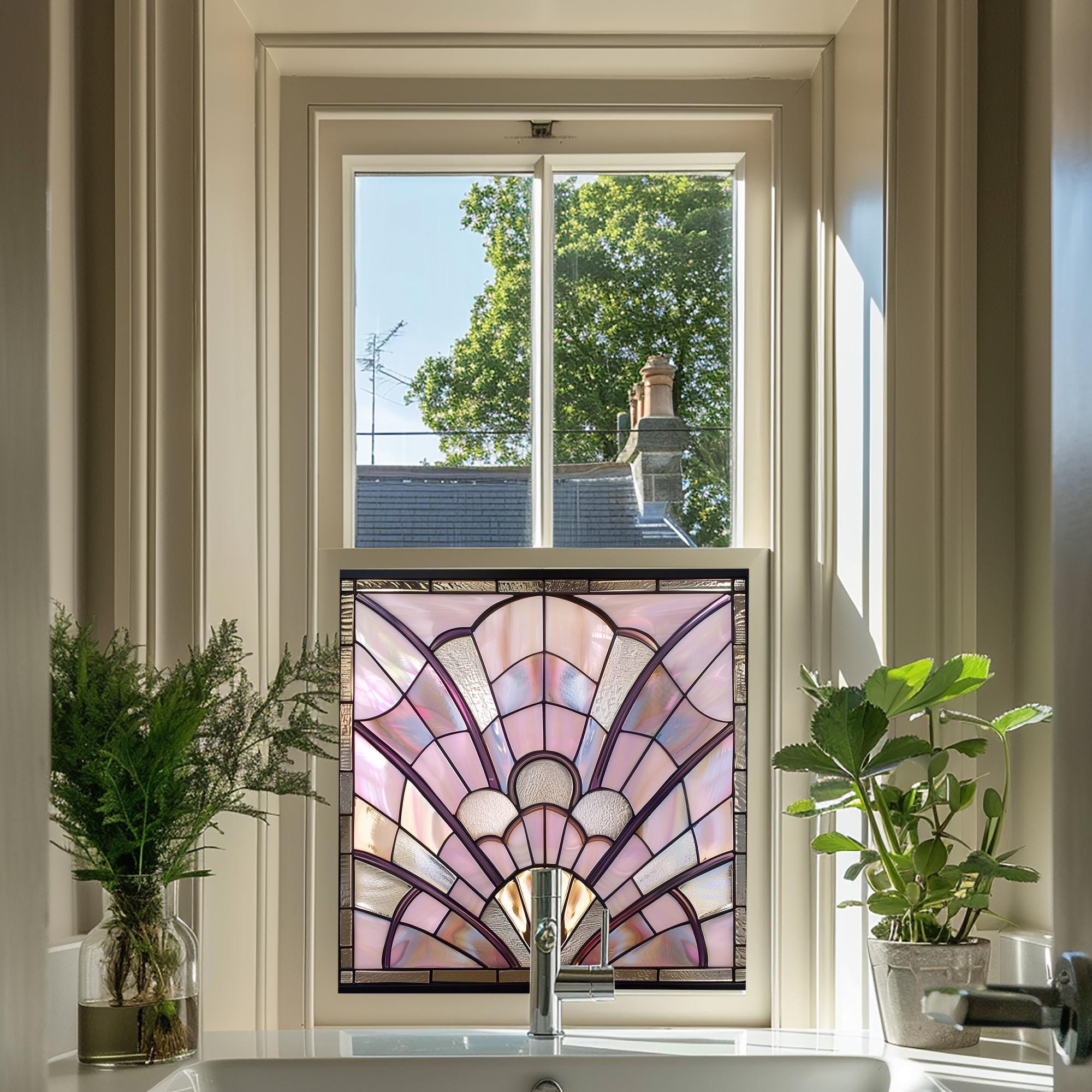 Purple Art Deco Window Film, Privacy Window Film, Decorative Window Film, Patterned Window Film, Coloured Window Film, Stained Glass Creative Windows