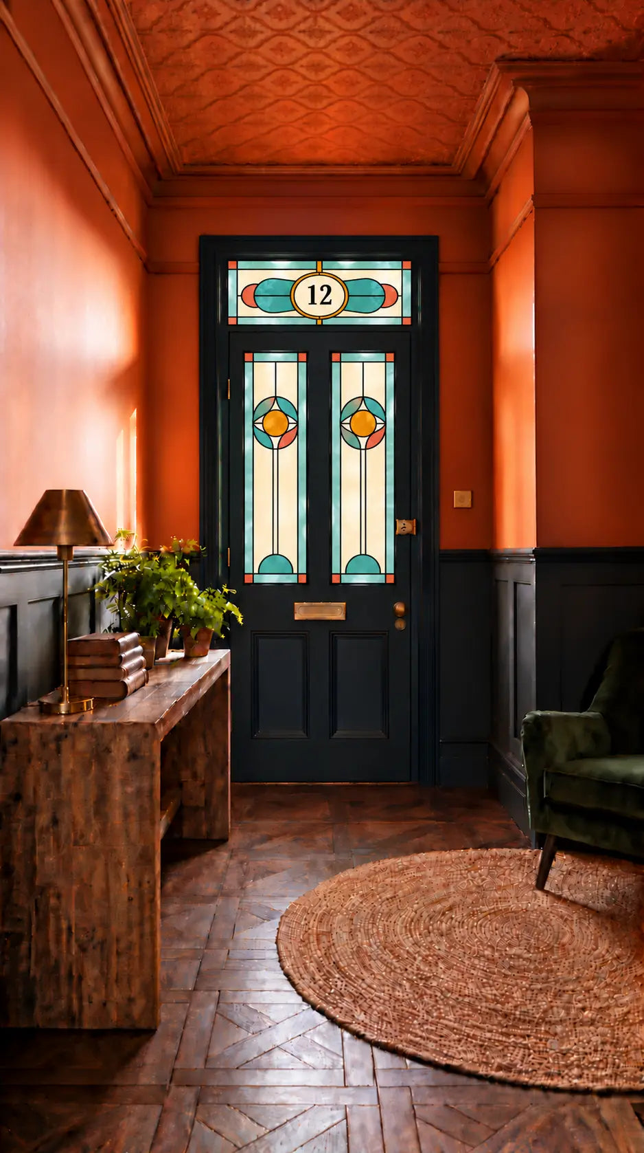 Privacy Window Film Stained Glass Front Door Turquoise and Coral