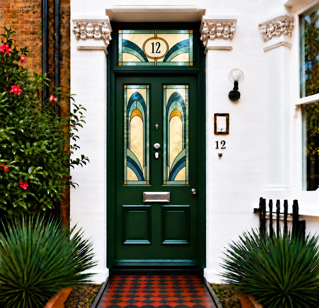 Privacy Window Film Art Deco Teal and Amber Door Panels and Transom