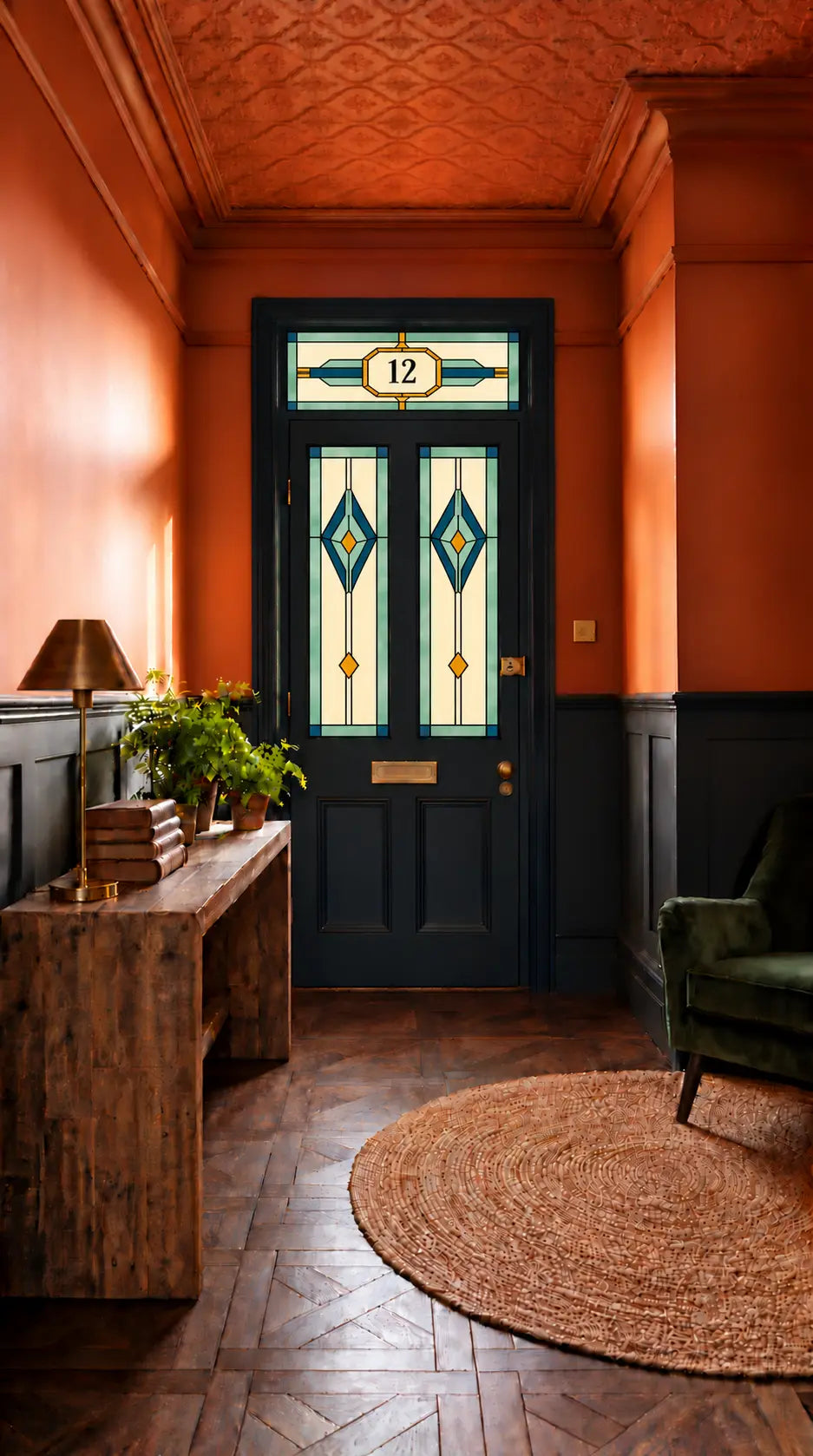 Privacy Window Film Art Deco Teal Diamond Door Panels and Transom