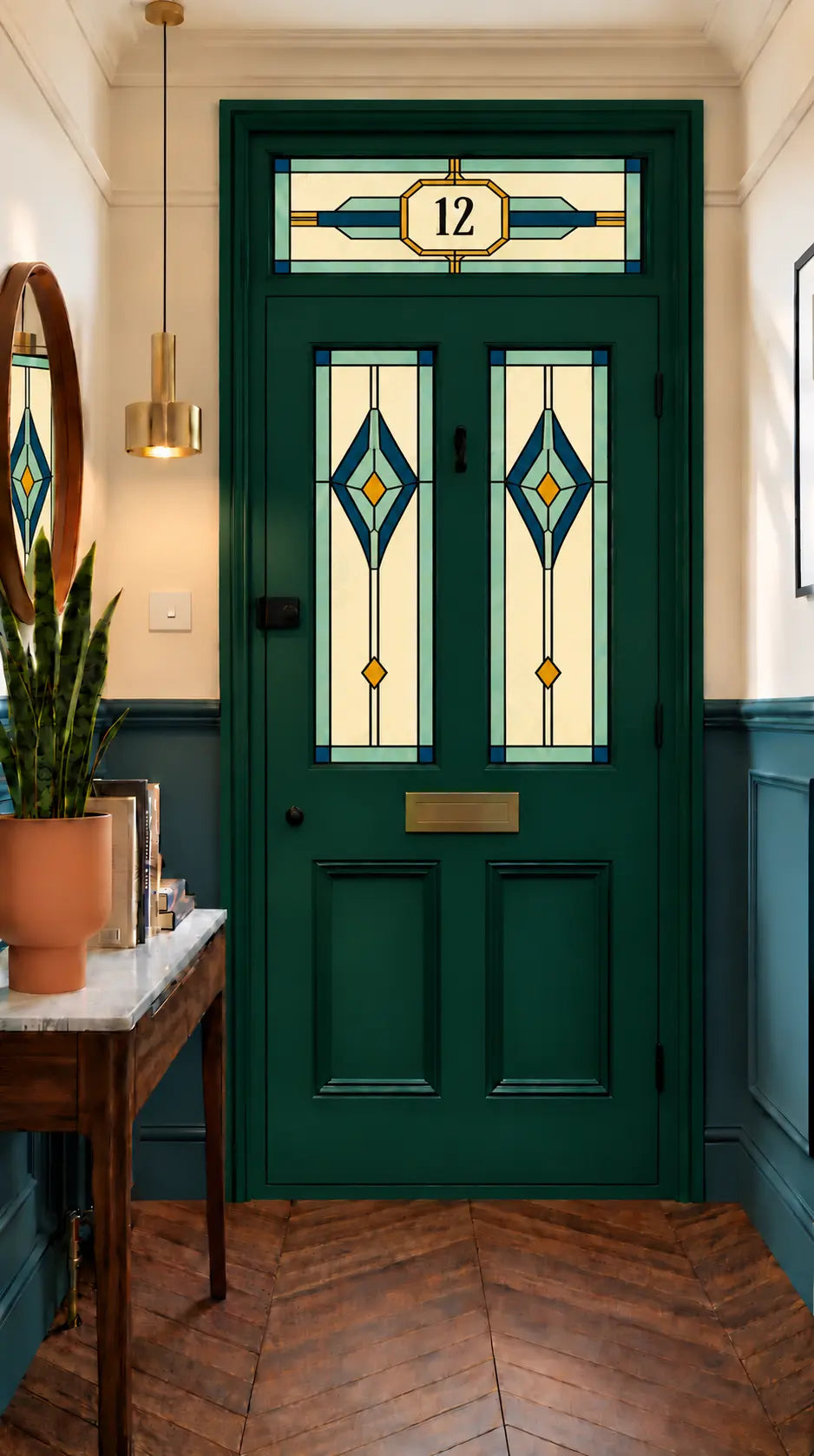 Privacy Window Film Art Deco Teal Diamond Door Panels and Transom